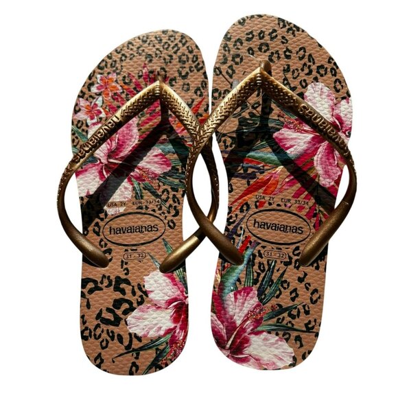 Havaianas Girls Floral Leopard Print Flip Flops Bronze Straps Size 2Y Kids - Picture 2 of 6